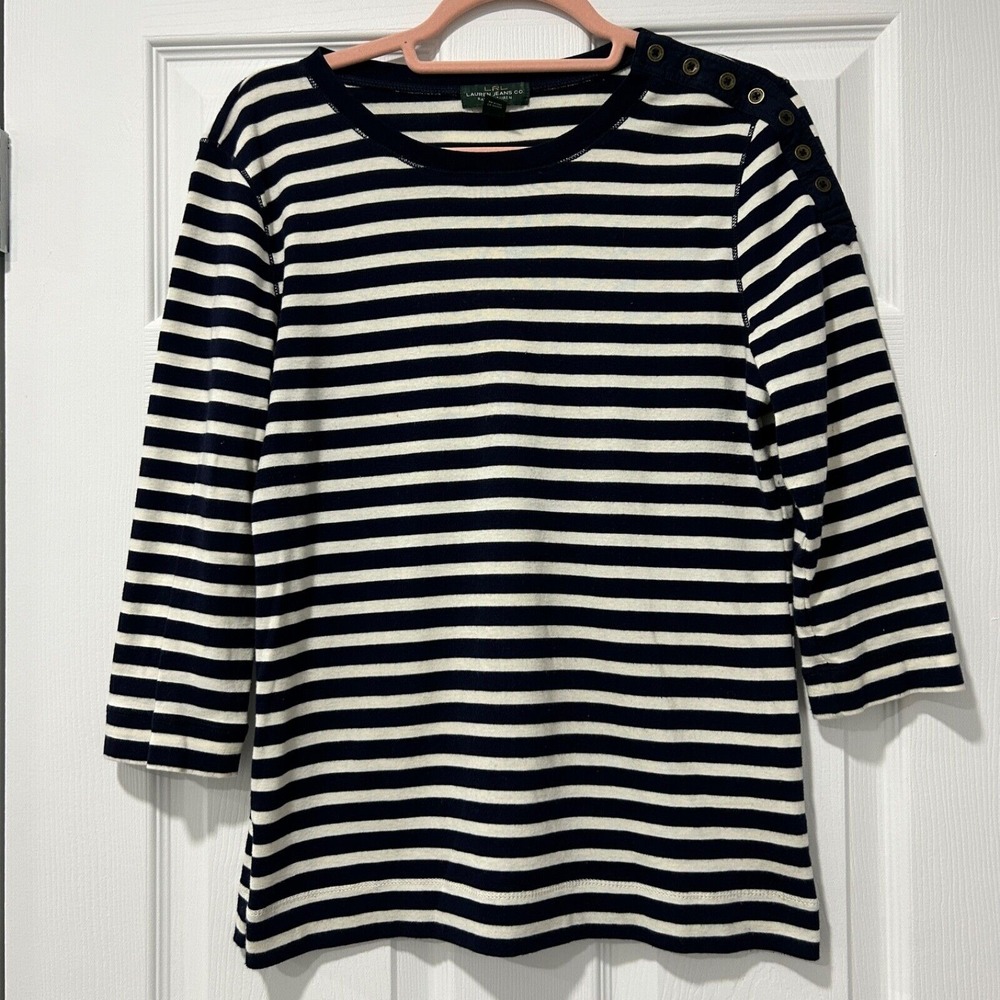 Lauren Ralph Lauren Striped‎ Nautical Top Size Petite L Navy Blue & White office